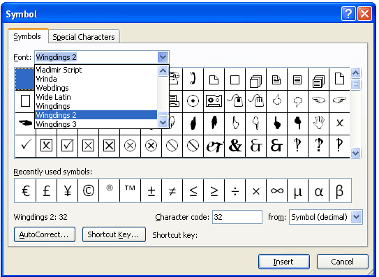 wingdings 2 word
